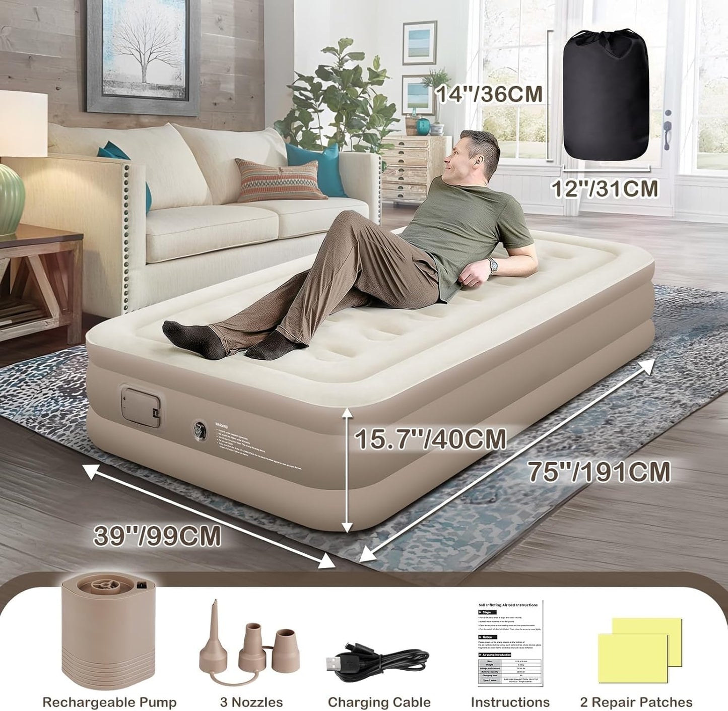 Single Air Mattress, Built-in Pump with Storage Bag
