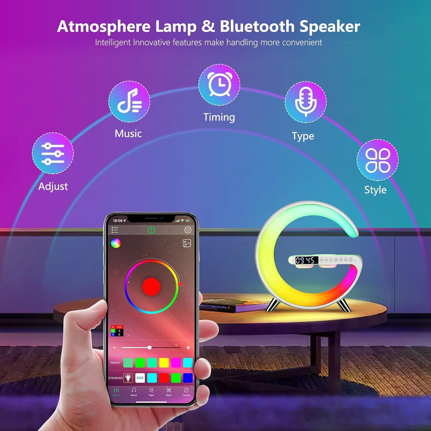 G-shape Multifunctional Bluetooth Speaker with Wireless Charger & Lamp