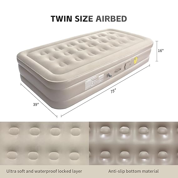 Single Air Mattress, Built-in Pump with Storage Bag