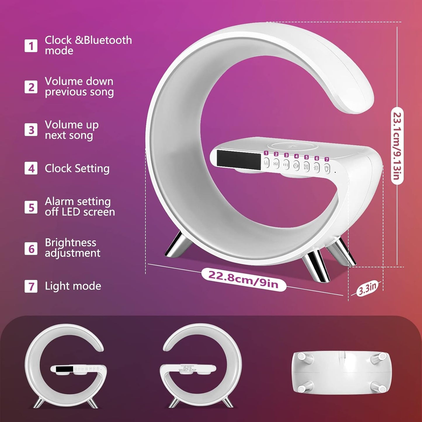 G-shape Multifunctional Bluetooth Speaker with Wireless Charger & Lamp